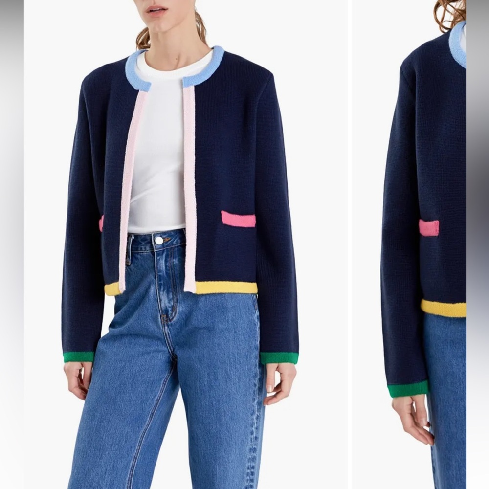 English Factory Navy Cardigan with Pastel Trim (Pink, Blue, Yellow, Green)